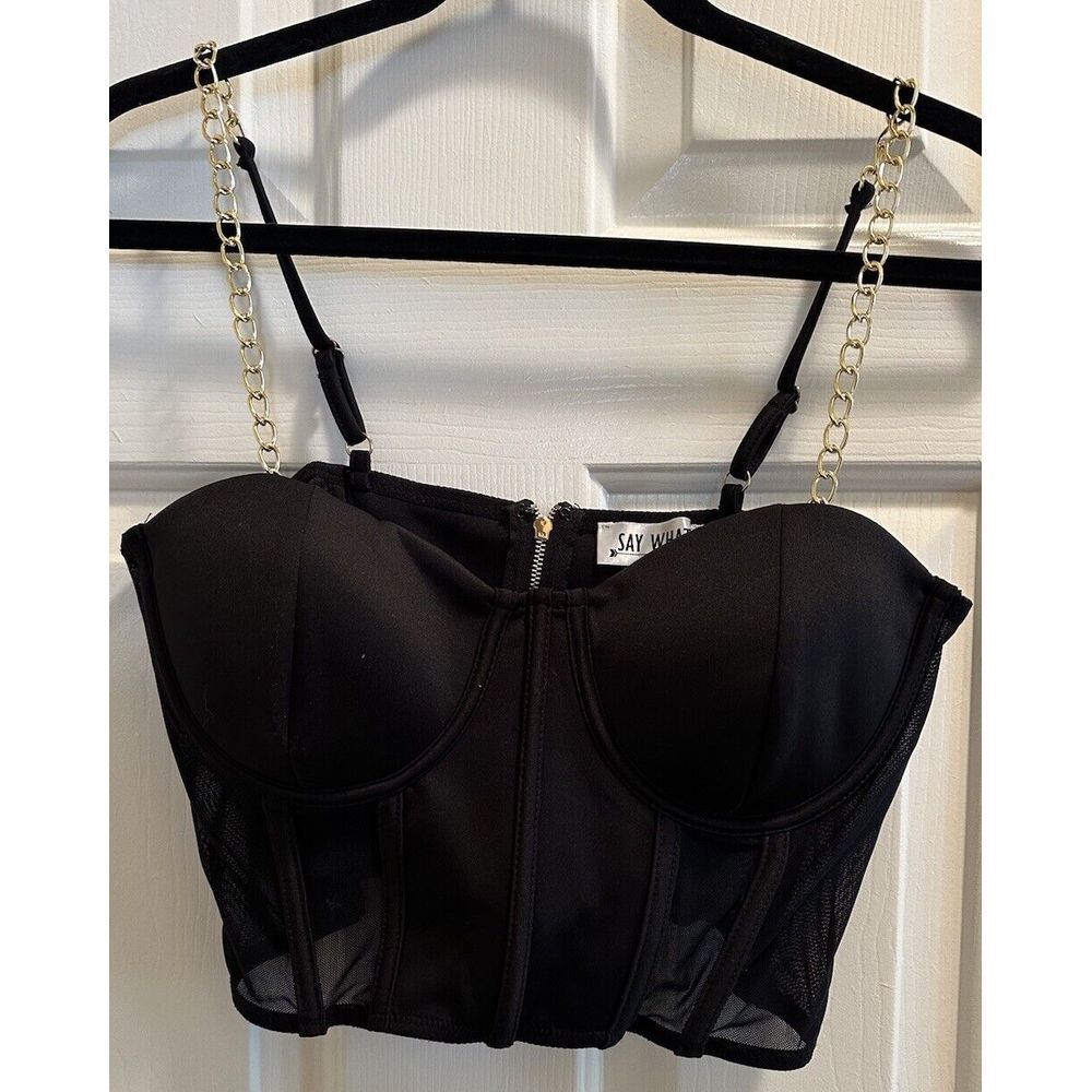 Say What Black‎ Sheer Bustier  Corset Top W/chain Straps Womens Medium